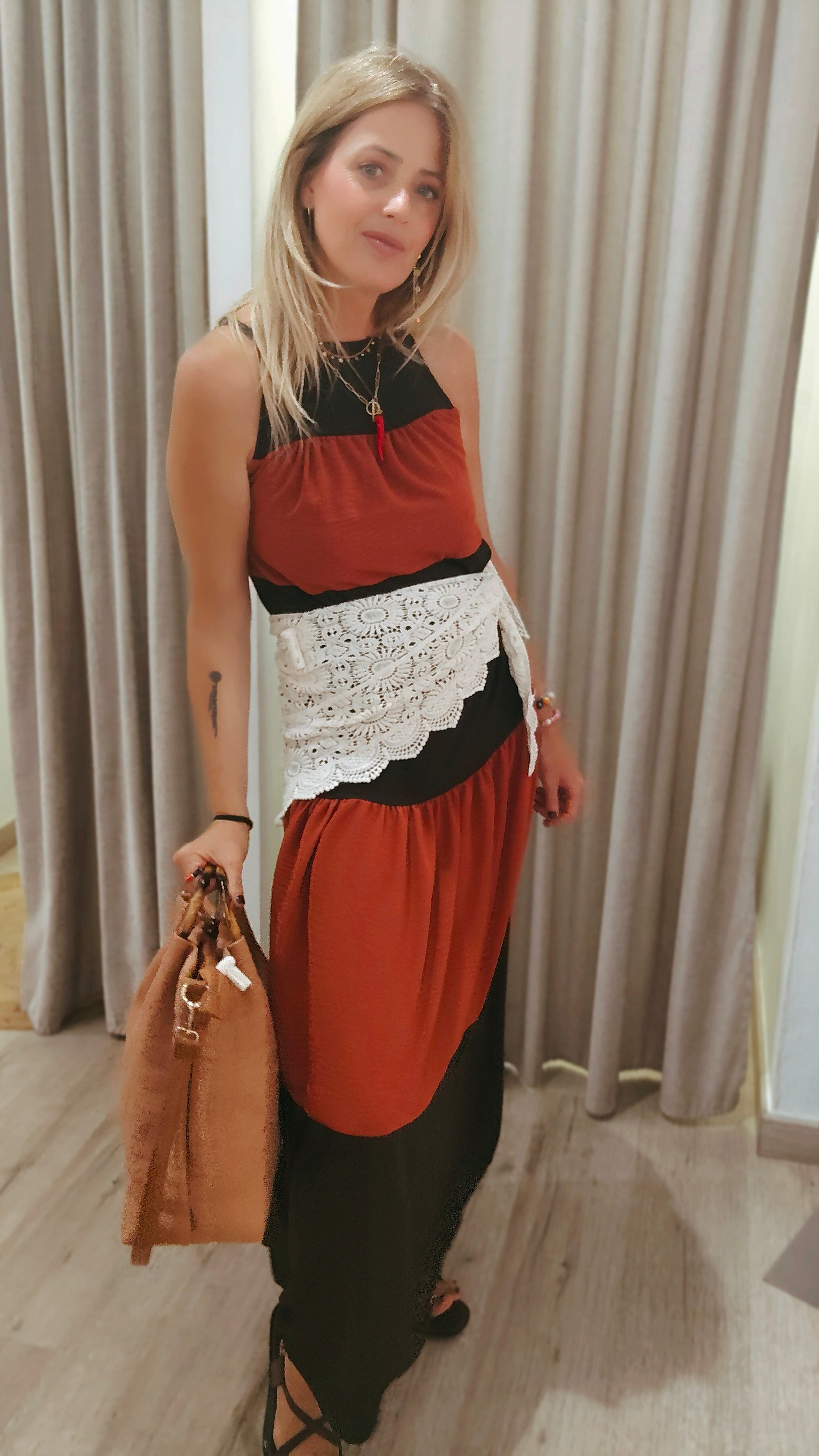 VESTIDO LARGO MARRÓN Y TEJA
