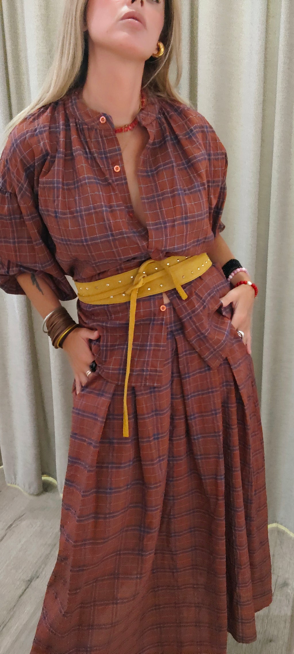 FALDA MIDI CUADROS TERRACOTA