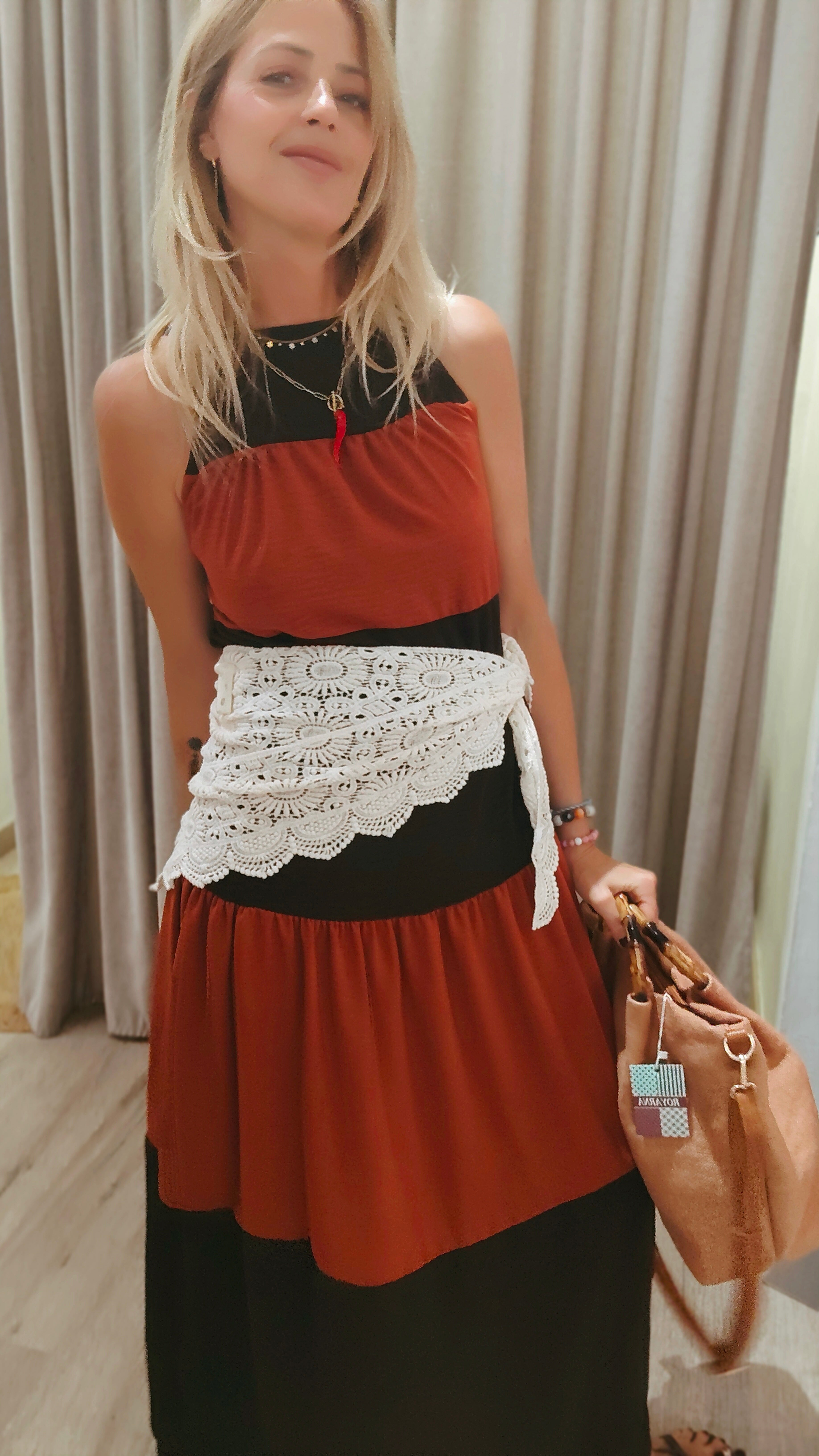 VESTIDO LARGO MARRÓN Y TEJA