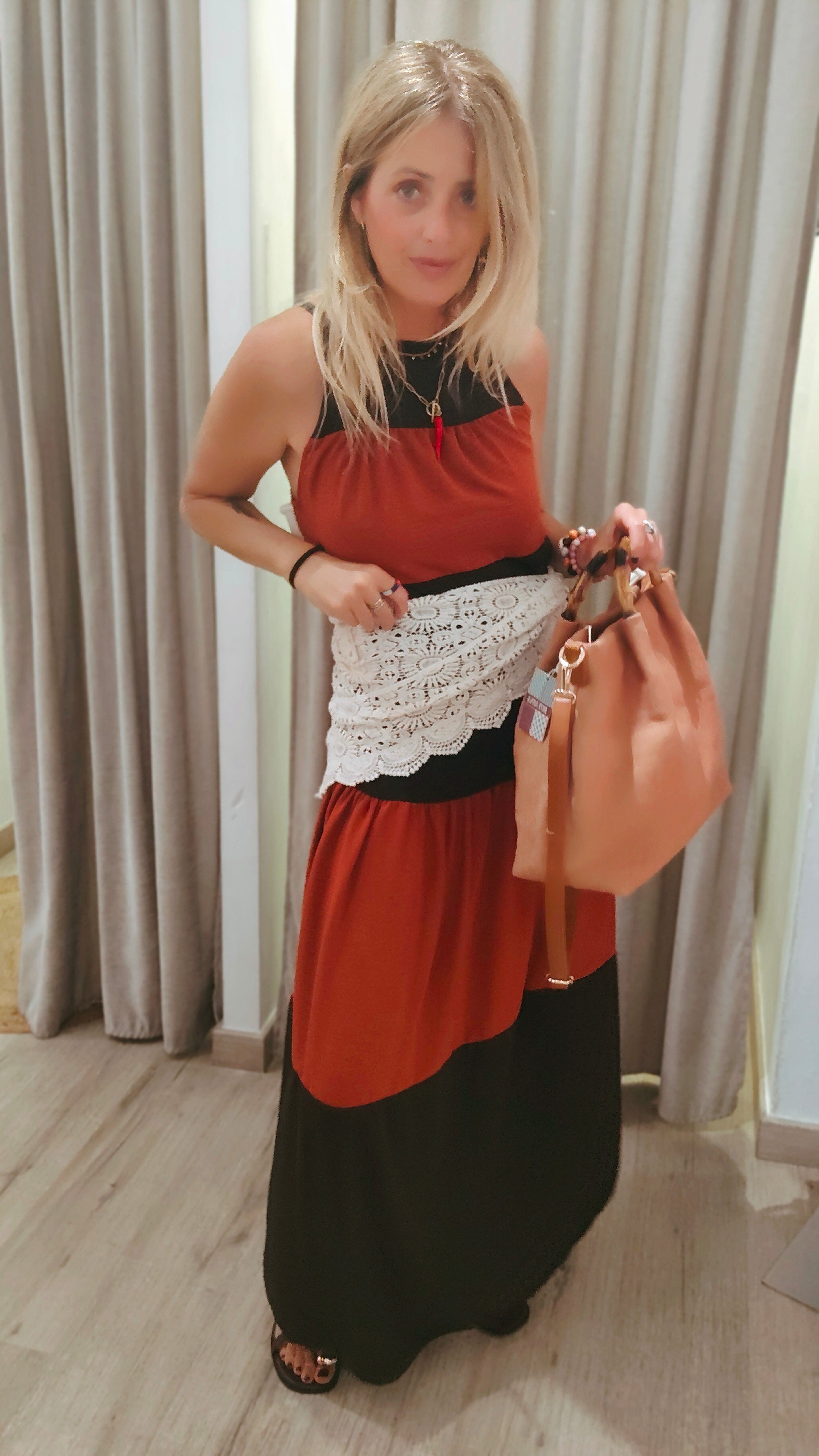 VESTIDO LARGO MARRÓN Y TEJA