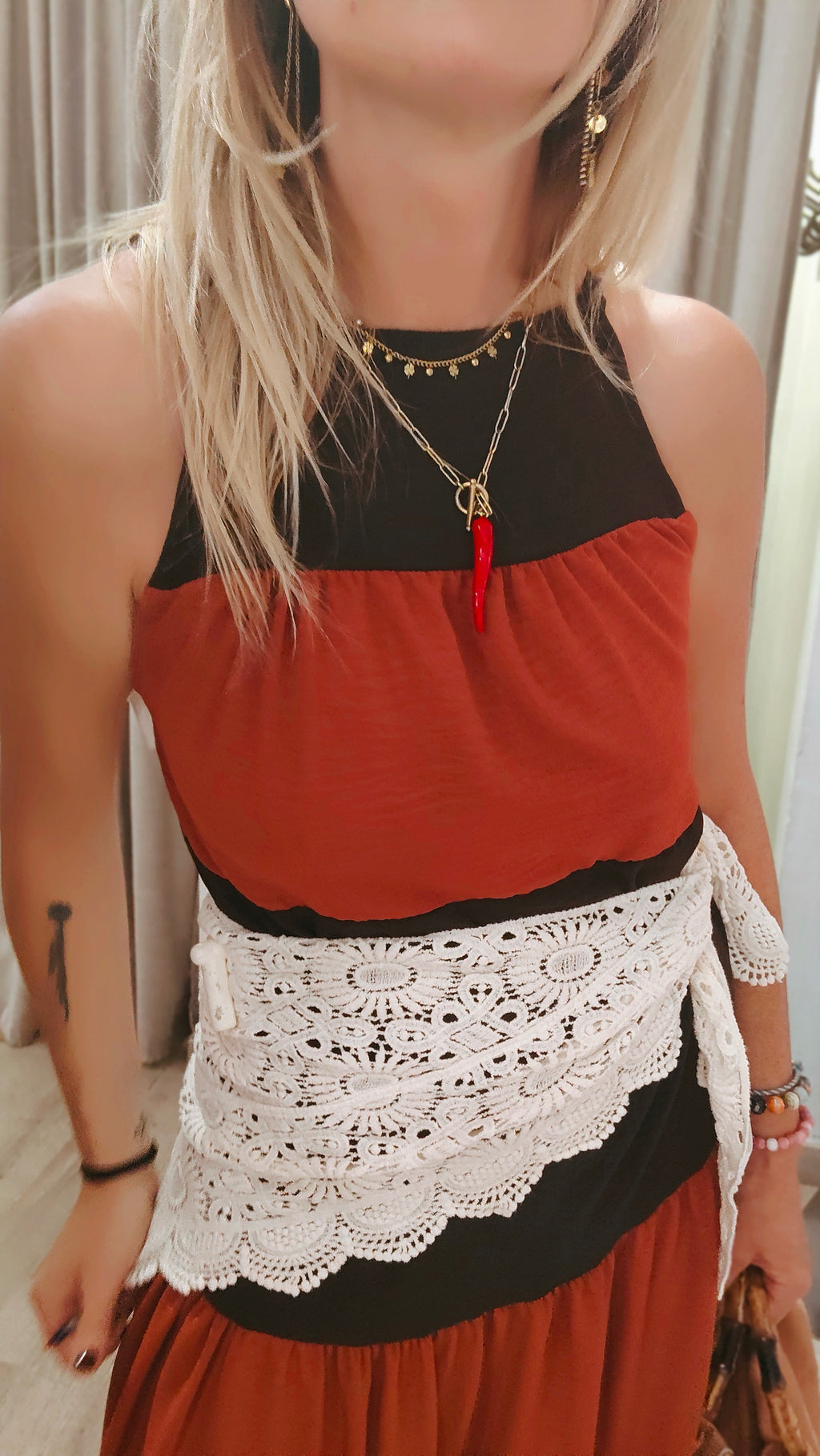 VESTIDO LARGO MARRÓN Y TEJA